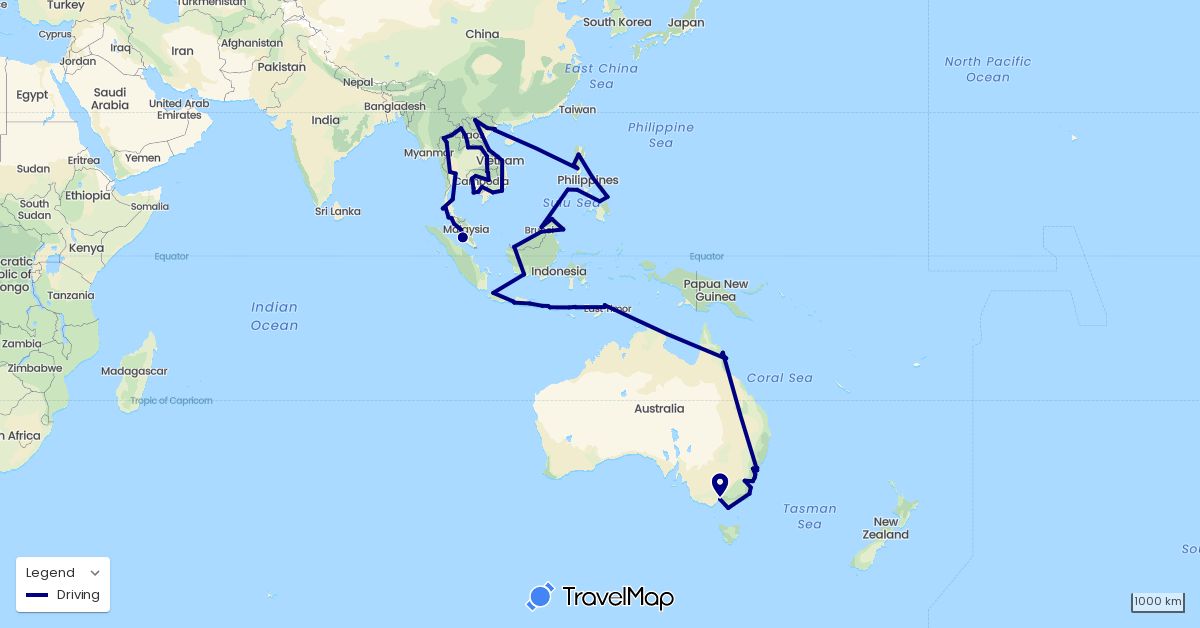 TravelMap itinerary: driving in Australia, Brunei, Indonesia, Cambodia, Laos, Malaysia, Philippines, Thailand, East Timor, Vietnam (Asia, Oceania)